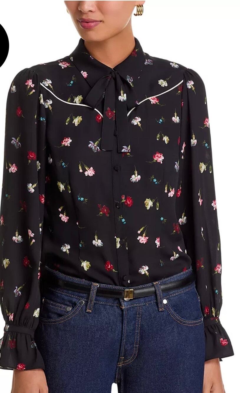 Cinq à Sept Tumbling Carnations Black Floral Blouse - L